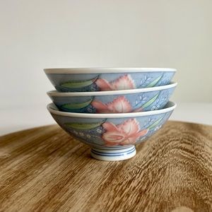 3 Vintage Japanese Hibiscus Flower Rice Bowls-floral pink blue pastel